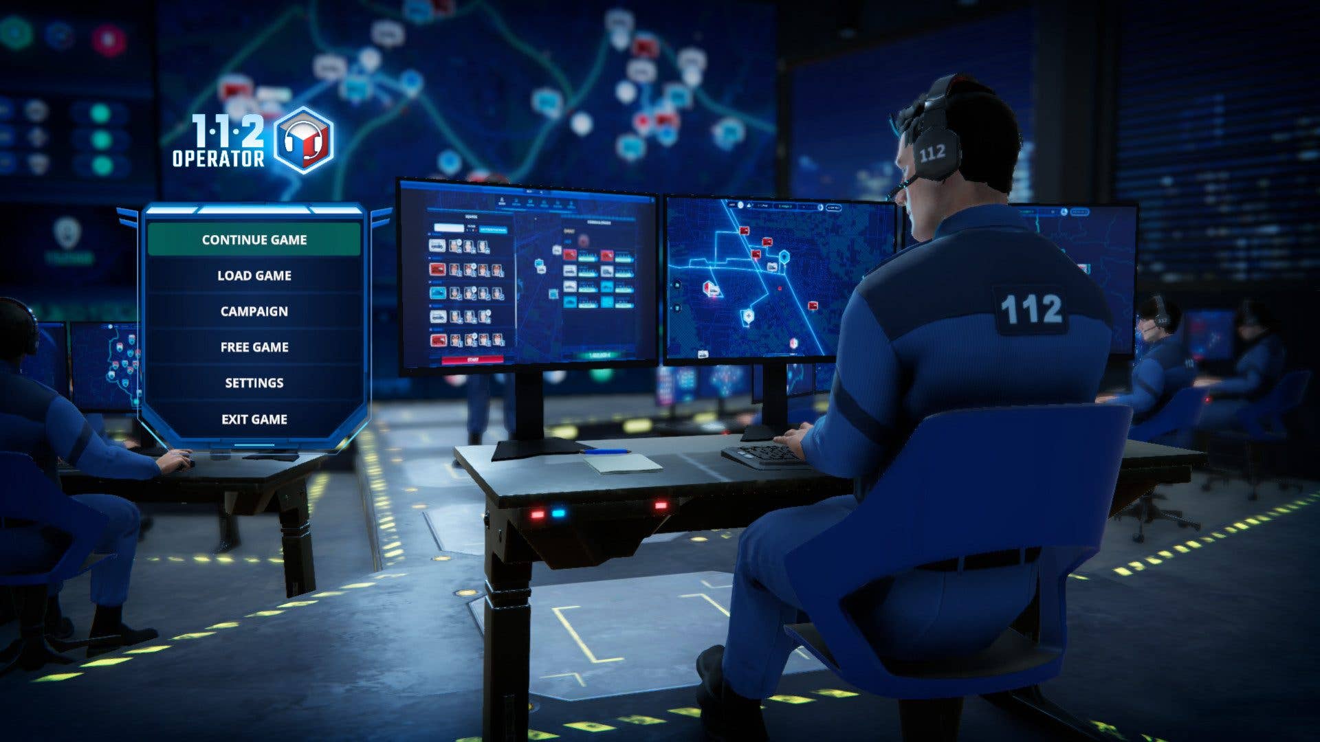 Eine Spieloberfläche mit Optionen wie Spiel fortsetzen und Spiel laden, mit einem Spieler in einem Headset am Computer.