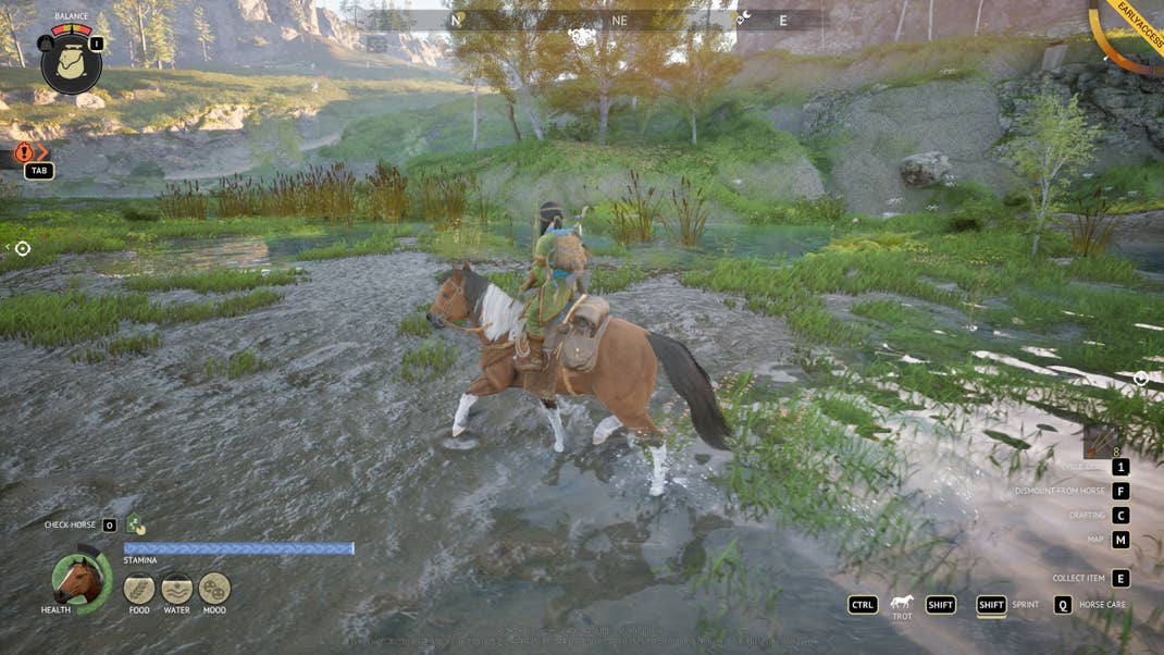 A horse trotting through the mud in a video game.