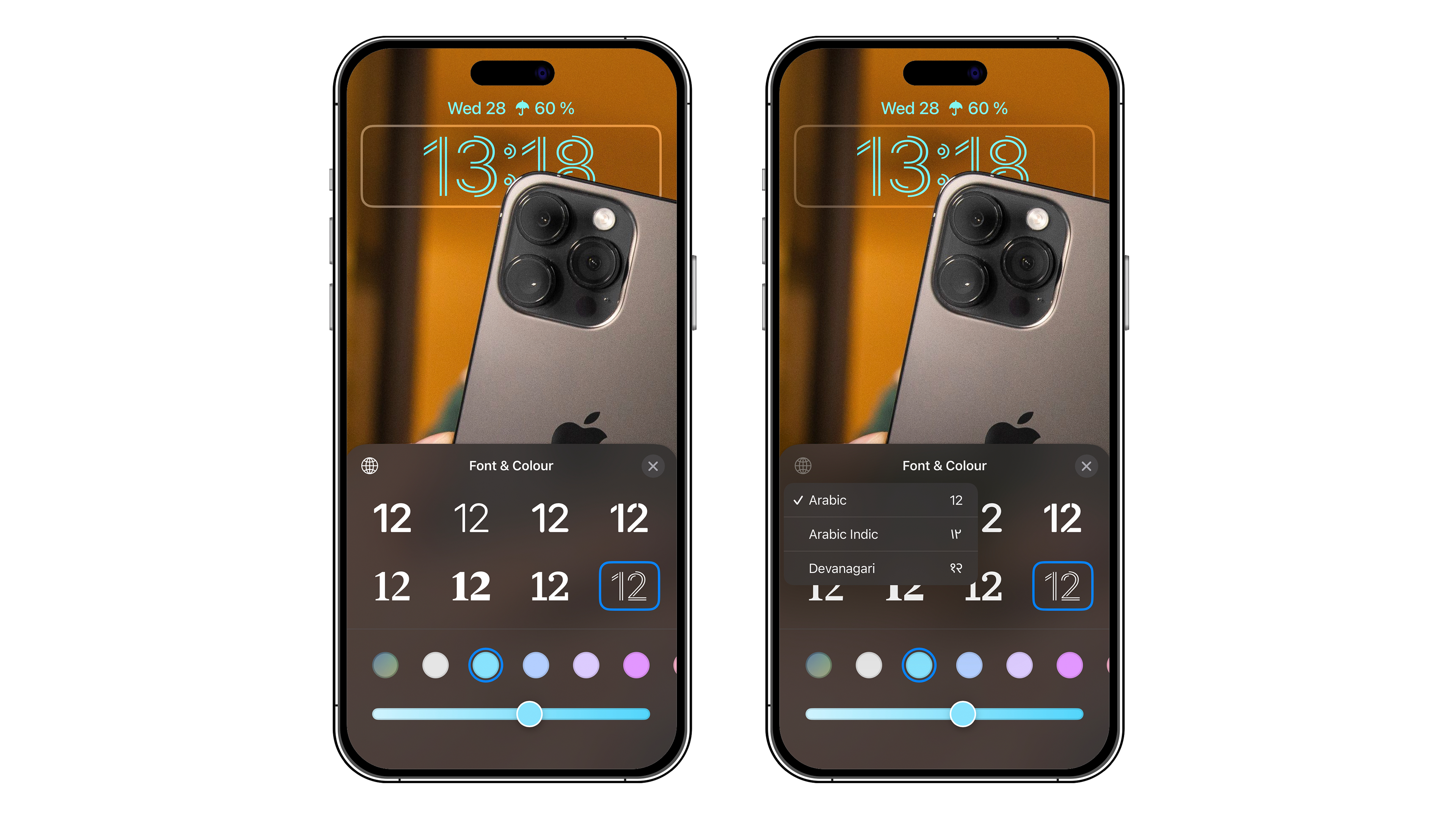 Screenshots zeigen die Optionen des Uhr-Designs für den Sperrbildschirm
