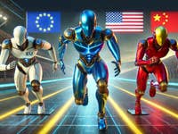 Drei futuristische Roboter rennen, die EU, USA und China repräsentierend, mit ihren Flaggen im Hintergrund.