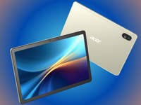 Acer V11 Tablet, zeigt das Vorder- und Rückdesign vor einem blauen Farbverlauf-Hintergrund.