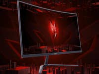 Acer Nitro ED270R gebogener Gaming-Monitor mit rotem geometrischem Hintergrund.