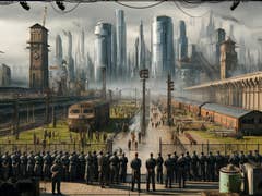 Eine futuristische Stadtlandschaft mit hohen Wolkenkratzern und einer Menge im Vordergrund, aufgereihte Polizisten.