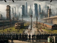 Eine futuristische Stadtlandschaft mit hohen Wolkenkratzern und einer Menge im Vordergrund, aufgereihte Polizisten.