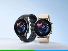 Zwei Amazfit GTR 3 Smartwatches in Schwarz und Beige mit bunten Zifferblättern, die die Herzfrequenz anzeigen.