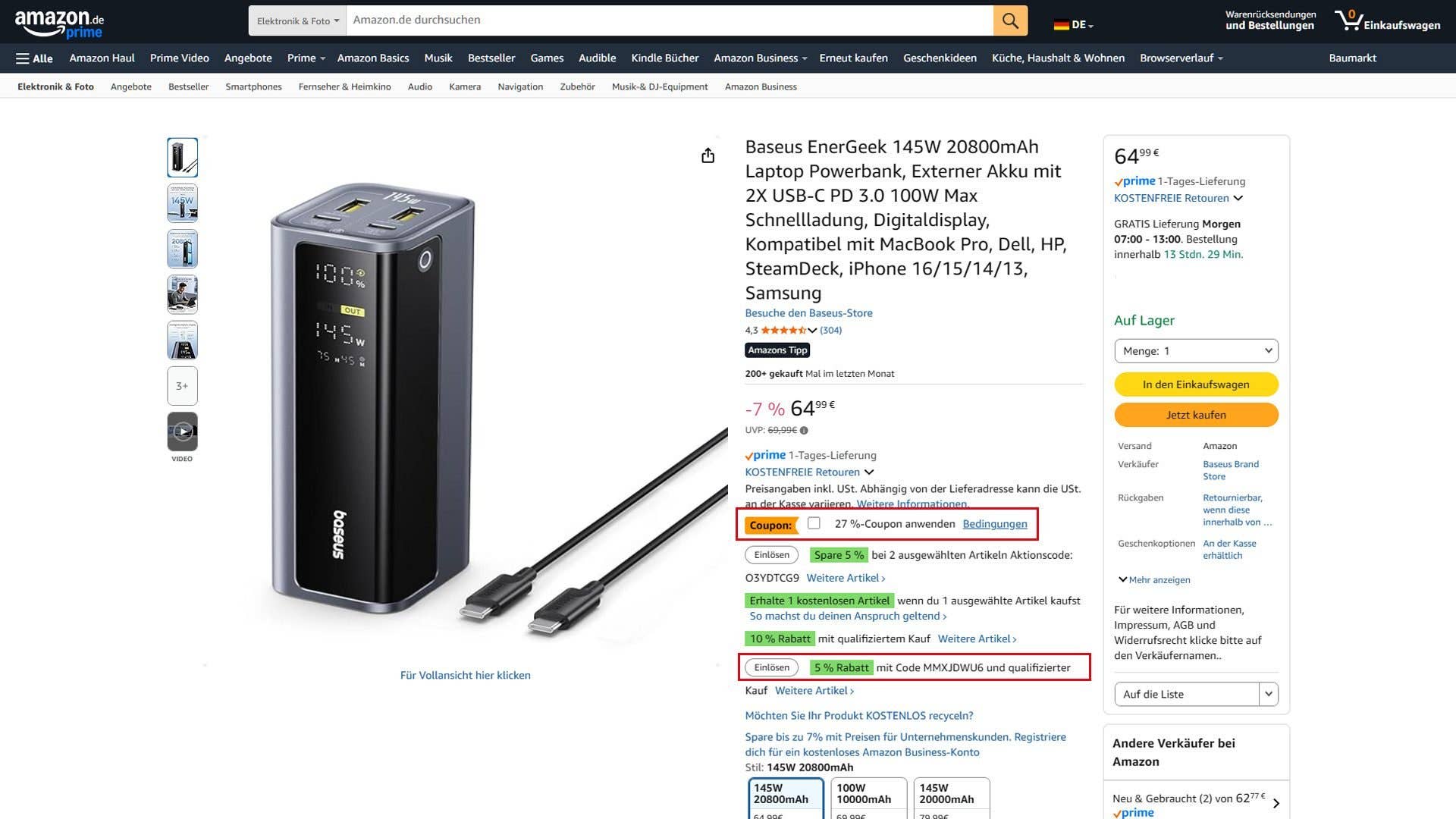 Baseus EnerGeek 145W Powerbank mit 2 USB-C-Anschlüssen und Digitaldisplay, ideal für Laptops und Geräte.