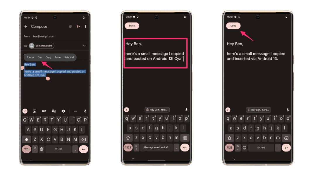 Kopierte Inhalte könnt Ihr nun bearbeiten. Screenshots der neuen Zwischenablage in Android 13.