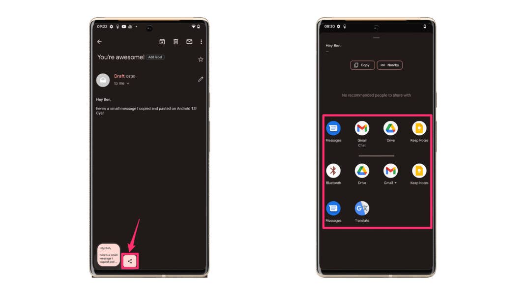 Wollt Ihr nix bearbeiten, könnt Ihr direkt auf den Teilen-Dialog tippen. Neue Zwischenablage in Android 13 Screenshot 2