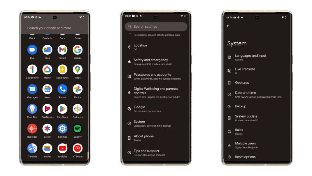 Ein Screenshot, der den Weg zu den Spracheinstellungen in Android 13 zeigt.