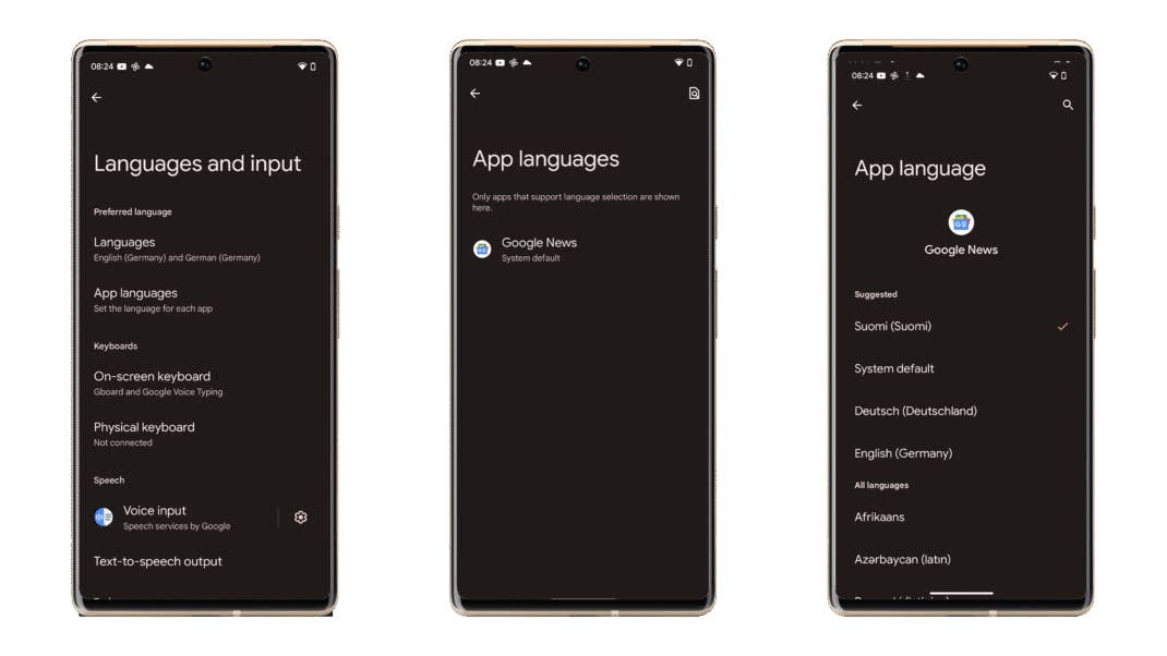 Ein Screenshot, der den Weg zu den App-individuellen Spracheinstellungen in Android 13 zeigt.
