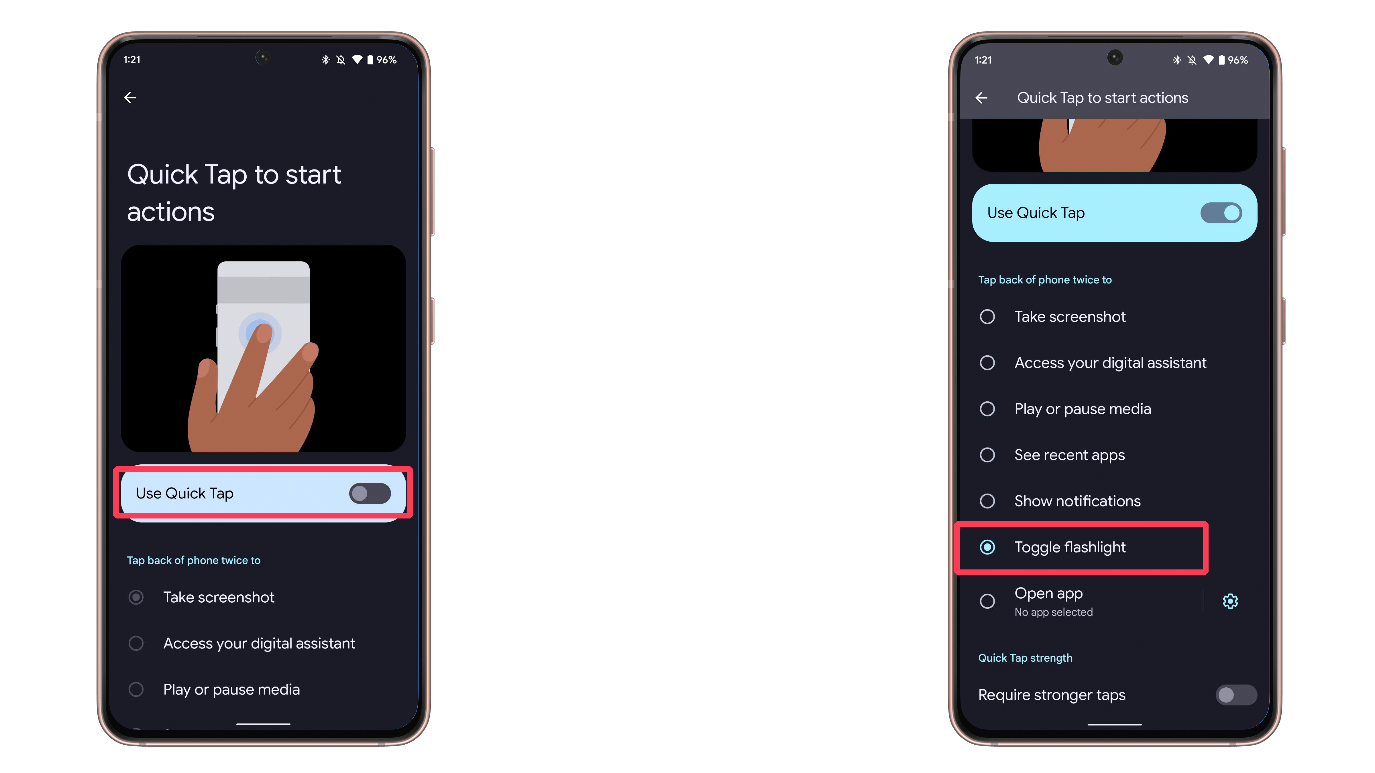 Android 13 overview quick tap flashlight