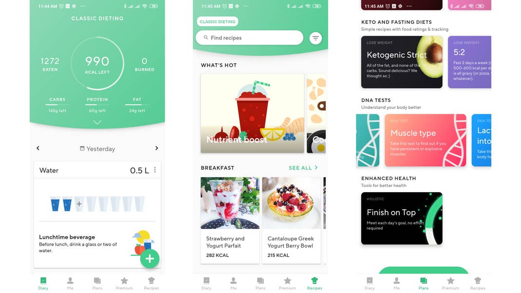 Die Lifesum-App hat ein schönes, klares Design und bietet viele abgefahrene Funktionen an, darunter auch kostenpflichtige DNA-Tests. Schade: Die Rezepte sind bei Lifesum nur in der Pro-Version verfügbar. Screenshots von Lifesum