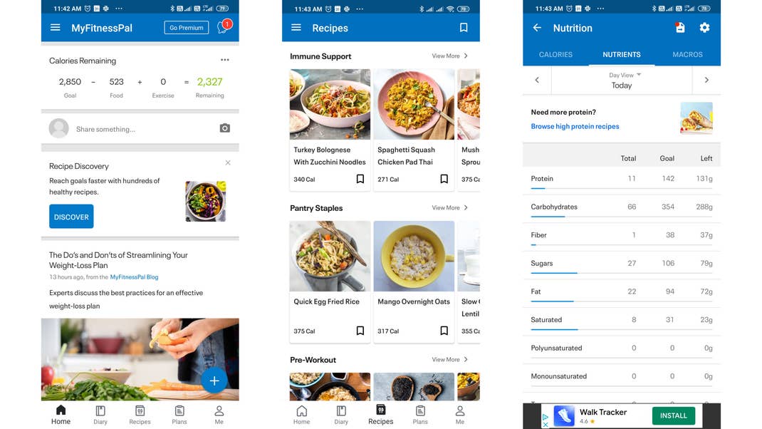 MyFitnessPal ist zwischen Ernährung und Sport angesiedelt. Die App bietet viel Content rund um Fitness, Ernährung und Rezepte. Screenshots von MyFitnessPal