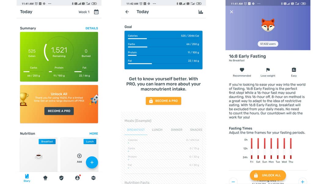 Viele schöne Funktionen, aber viele nur für bezahlende Kunden: Nahezu überall fordert Yazio dazu auf, die Pro-Version freizuschalten. Screenshots von Yazio
