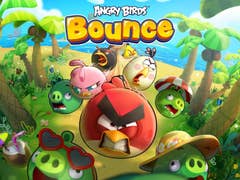 Bunte Cartoonfiguren aus Angry Birds Bounce in einer tropischen Strandumgebung.