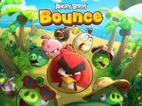 Bunte Cartoonfiguren aus Angry Birds Bounce in einer tropischen Strandumgebung.