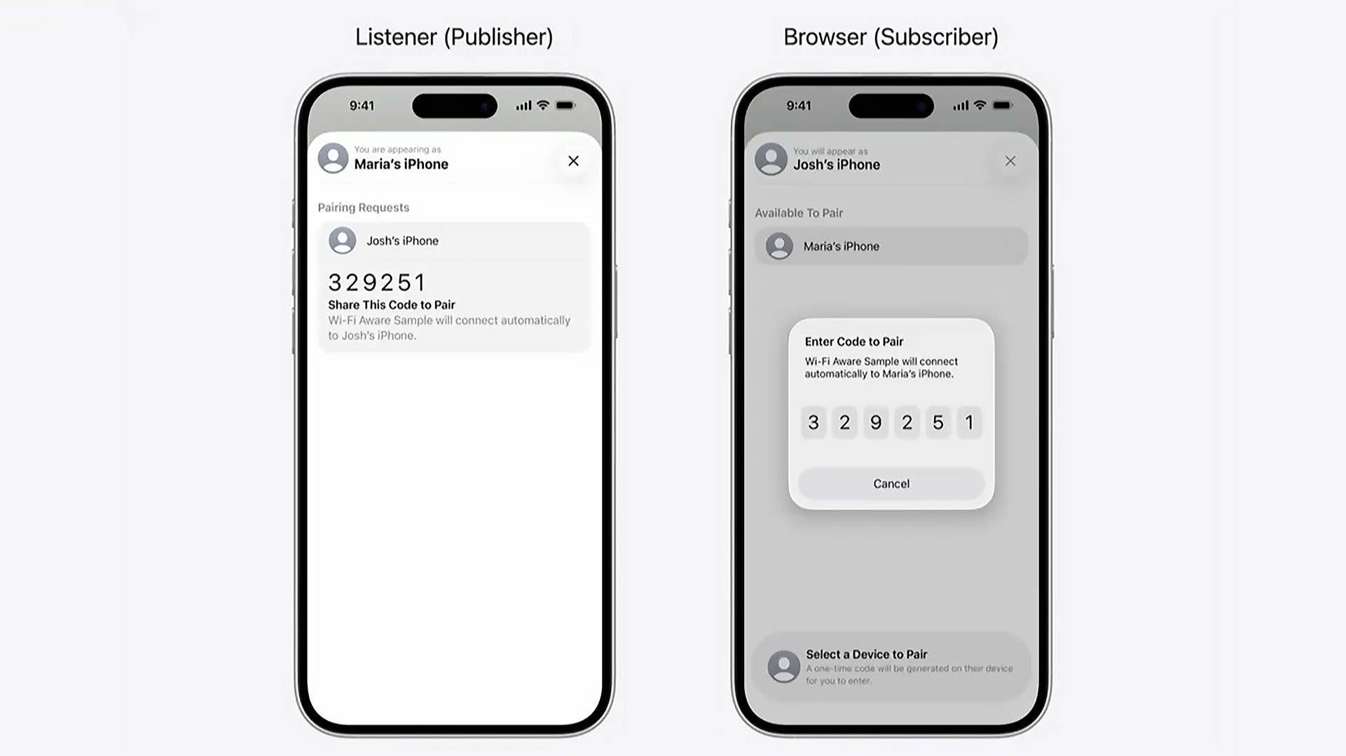 Zwei iPhones zeigen Pairing-Anfragen: eines zeigt 'Maria's iPhone' und das andere 'Josh's iPhone' mit einem Code.