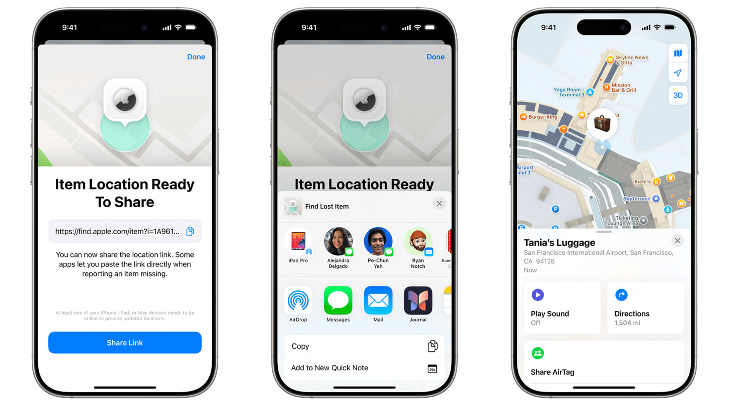 Drei iPhones zeigen Funktionen zur Standortfreigabe von Apple zum Verfolgen von Objekten.