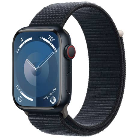 Apple Watch Series 9 Aluminium LTE - Seite mit Band schräg - Blau Sport Apple Watch Series 9 Aluminium LTE - Seite mit Band schräg - Blau Sport
