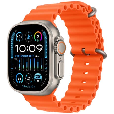 Apple Watch Ultra 2 - Seite mit Band schräg - Trail Orange Apple Watch Ultra 2 - Seite mit Band schräg - Trail Orange
