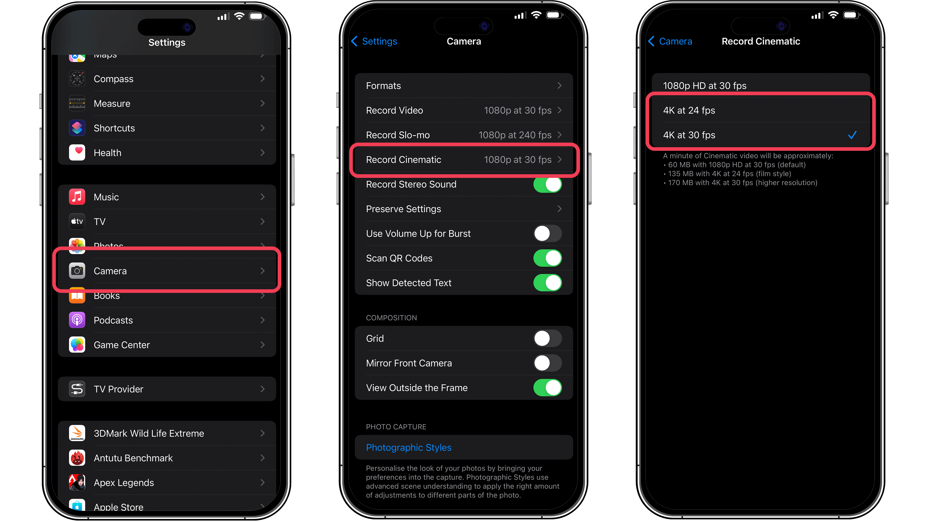 Screenshots der Aktivierung des 4K-Kinomodus
