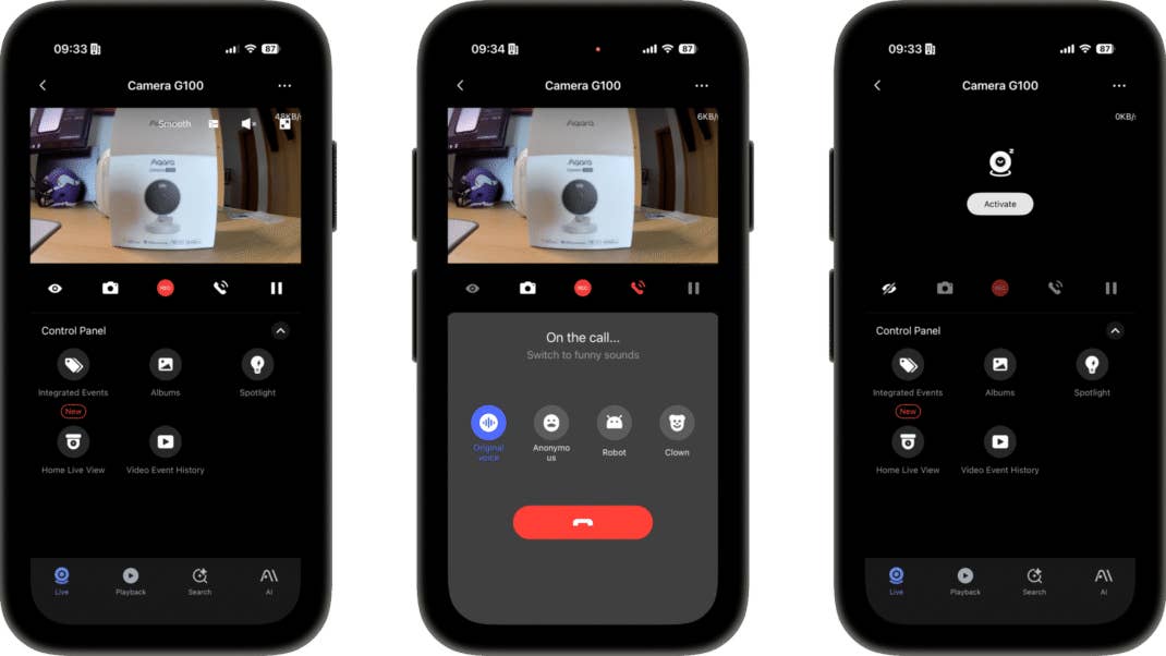 Drei Smartphone-Bildschirme, die die Aqara G100-Kameraoberfläche und das Bedienfeld anzeigen. Drei Smartphone-Bildschirme, die die Aqara G100-Kameraoberfläche und das Bedienfeld anzeigen.