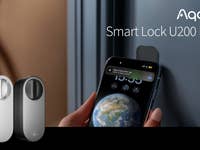 Aqara U200 Lite Smart Lock mit zwei Farboptionen und einem Smartphone, das eine Benachrichtigung anzeigt.
