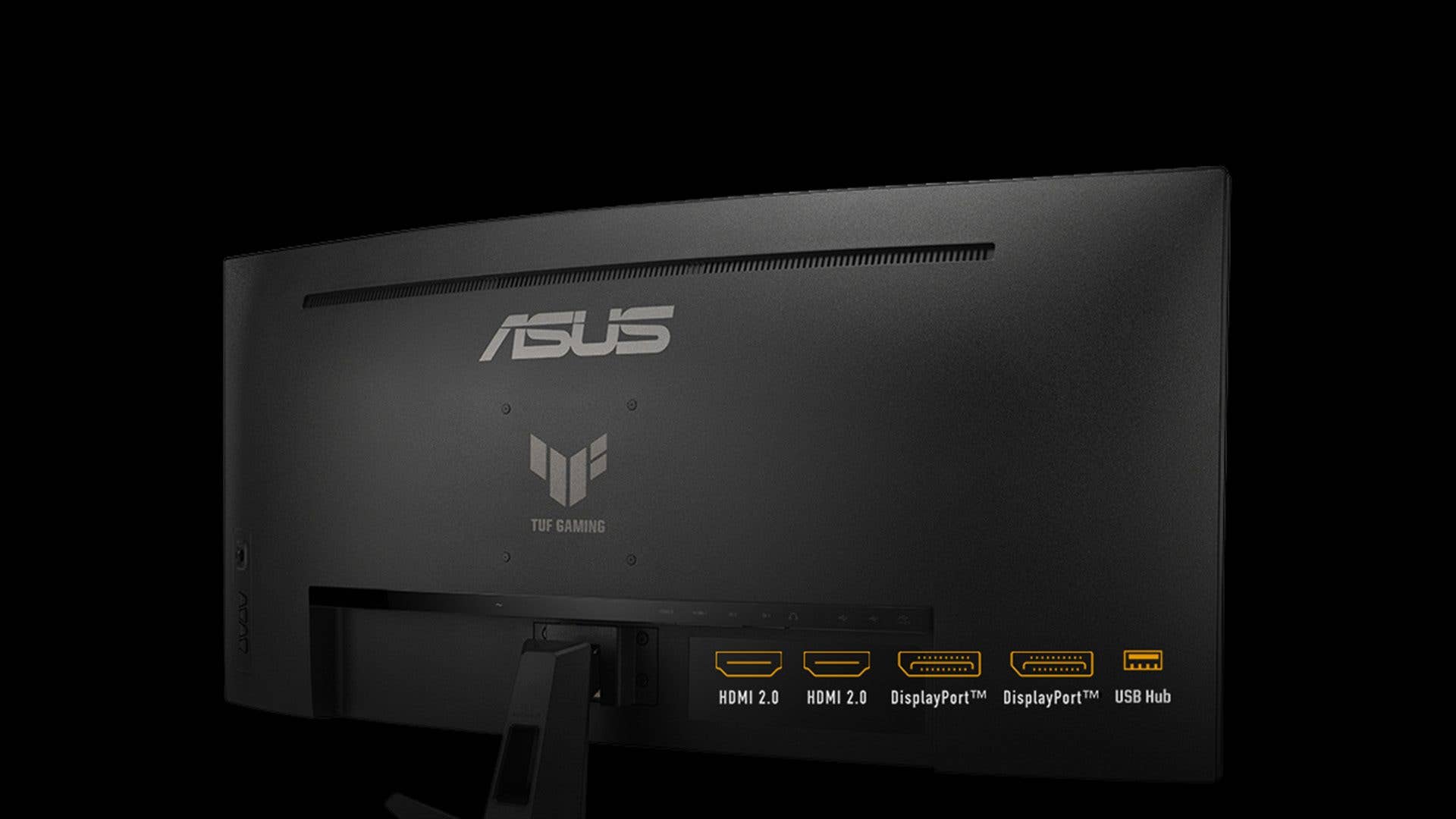 Rückansicht eines ASUS TUF Gaming-Monitors VG34VQ3B mit Anschlüssen: HDMI 2.0, DisplayPort™ und USB-Hub.