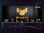 ASUS TUF Gaming 34" Curved-Monitor VG34VQ3B mit 180Hz Bildwiederholrate und 1ms Reaktionszeit vor futuristischem Hintergrund.