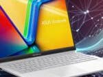 ASUS Vivobook Go 15 Laptop mit buntem Bildschirm, der das ASUS Vivobook-Logo anzeigt.