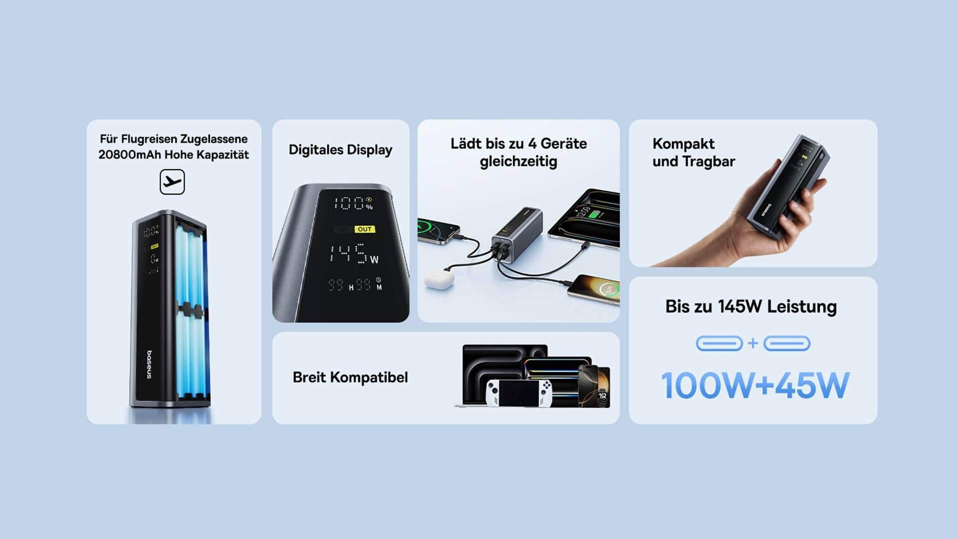 Baseus Powerbank mit digitalem Display, 20800mAh Kapazität, lädt bis zu 4 Geräte gleichzeitig, kompaktes Design.