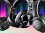 Drei Modelle von Over-Ear-Kopfhörern vor einem bunten abstrakten Hintergrund.