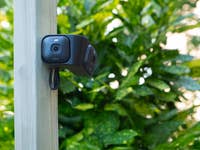 Eine Blink Arc-Sicherheitskamera, die an einem Holzpfosten befestigt ist, umgeben von üppigem grünem Laub.