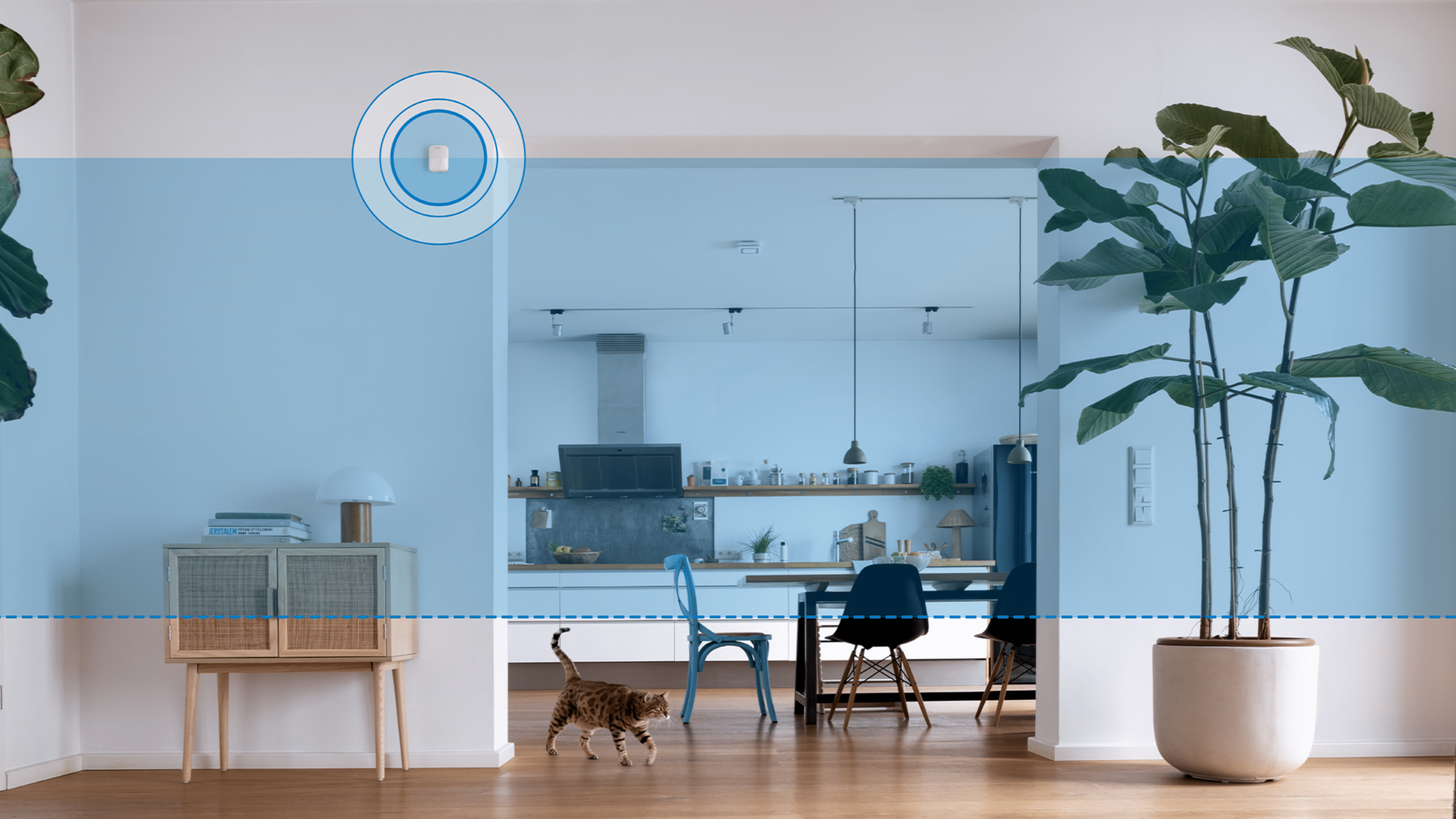 Ein modernes Wohnzimmer mit Bosch Smart Home-Technologie, in dem eine Katze läuft und Pflanzen im Vordergrund stehen.
