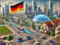 Eine futuristische Stadtlandschaft mit einer deutschen Flagge, autonomen Fahrzeugen und Windturbinen.