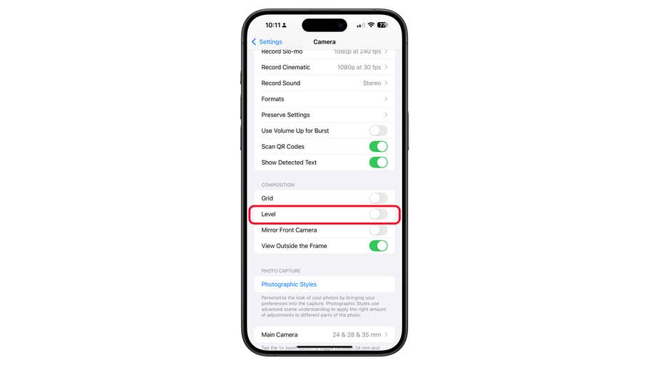 Einstellungsmenü eines iPhones, das Kameraoptionen zeigt, mit hervorgehobenem 'Level'.