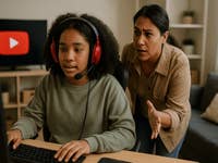 Ein Kind mit Kopfhörern an einem Computer, während ein Erwachsener besorgt gestikuliert, mit einem YouTube-Logo im Hintergrund.