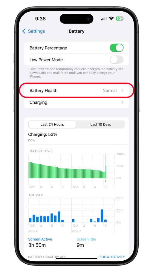 Der Bildschirm mit den Akkueinstellungen zeigt den Akkuprozentsatz und den Gesundheitszustand.
