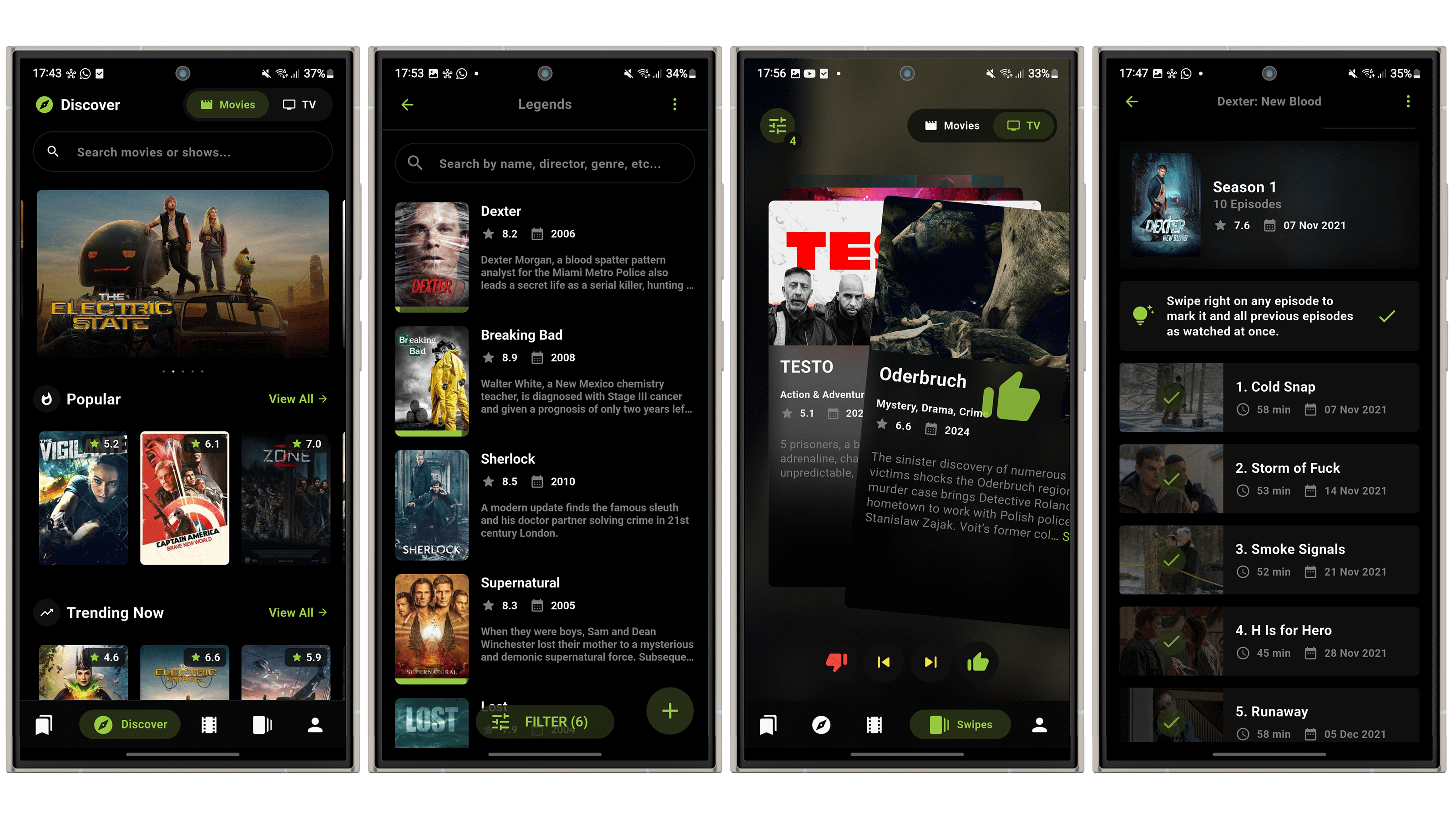 Mobile-App-Oberfläche, die beliebte Filme und Serien anzeigt, darunter Dexter, Breaking Bad und die neue Serie Oderbruch.