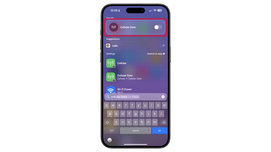 iPhone-Bildschirm zeigt den Schalter für mobile Daten und Suchoptionen.