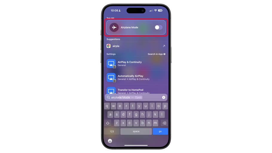 iPhone-Bildschirm zeigt den Schalter für den Flugmodus im Einstellungsmenü.