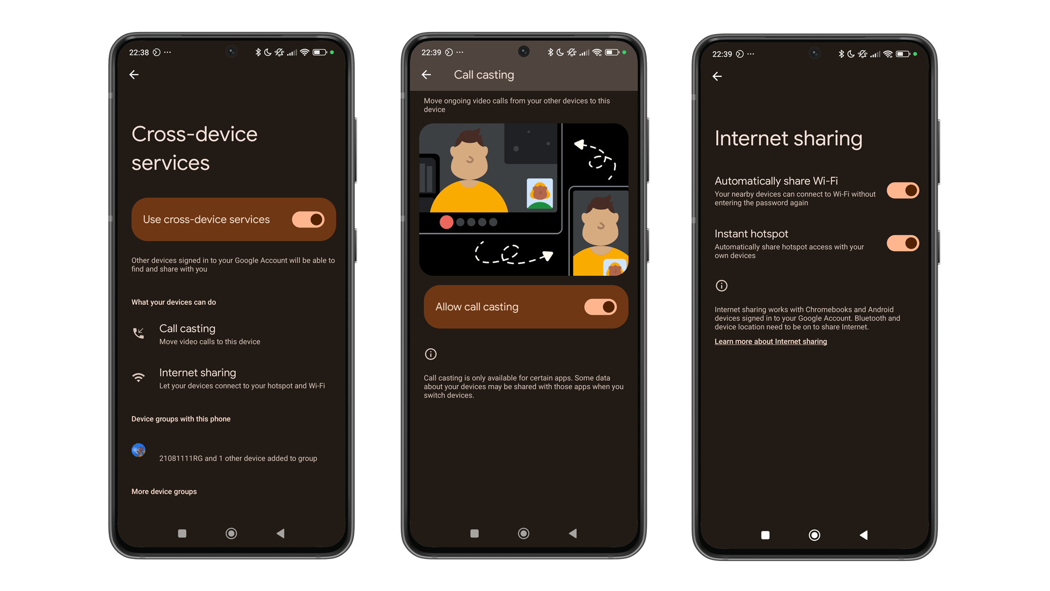 Drei Smartphone-Bildschirme, die die Einstellungen für Google-Dienste für mehrere Geräte anzeigen, einschließlich Anrufweiterleitung und Internetfreigabe.