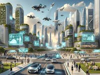 Ein Bild, das einen Einblick in das Jahr 2024 bietet und eine futuristische Stadtlandschaft mit fortschrittlicher Technologie und Architektur zeigt, darunter fliegende Autos, miteinander verbundene Wolkenkratzer mit grünen Dächern und Menschen, die mit holografischen Displays interagieren.
