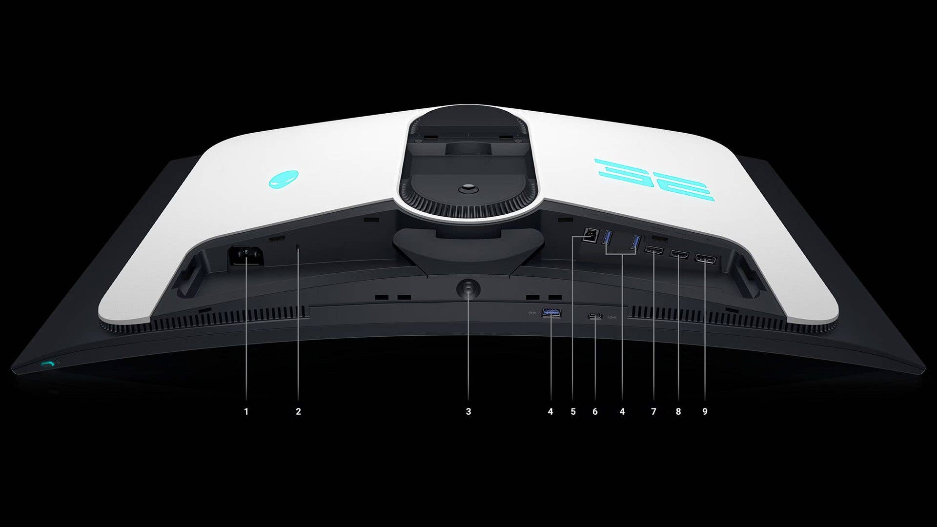 Anschlüsse des Alienware AW3225QF Gaming-Monitors auf der Rückseite.