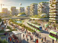 Eine lebendige städtische Szene mit modernen Gebäuden, grünen Flächen, Menschen und einer grünen Straßenbahn in einer nachhaltigen Stadt.