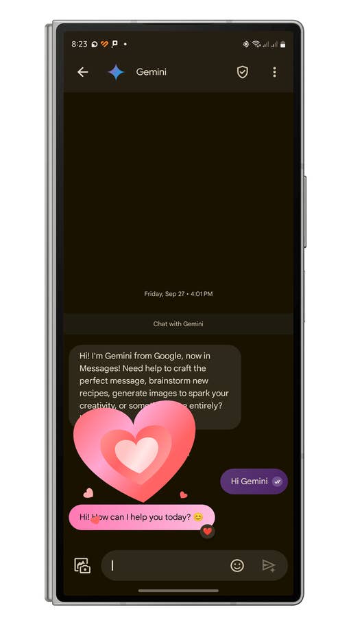 Google Messages-Benutzeroberfläche, die einen Chat mit Gemini zeigt, der Unterstützung bei verschied