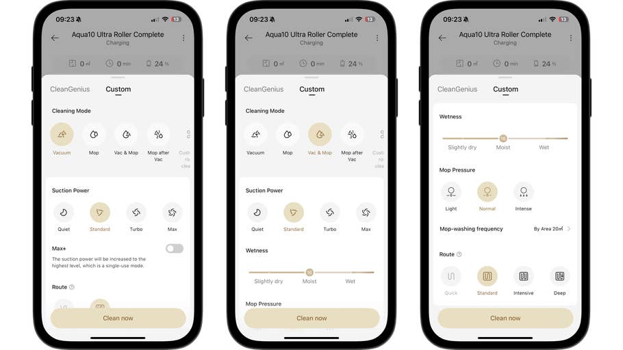 Drei Smartphone-Bildschirme, die die Einstellungen für den Dreame Aqua10 Roller Complete Staubsauger und Mopp anzeigen.