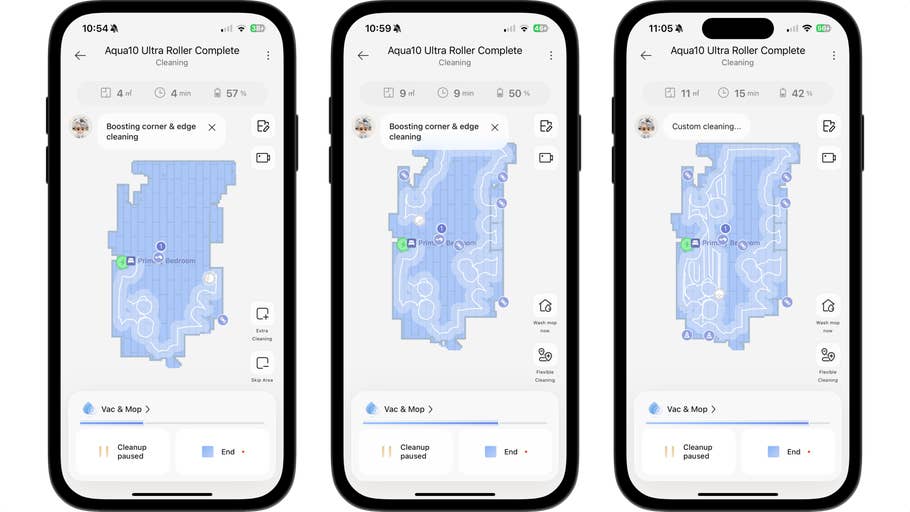 Bildschirme, die die Aqua10 Ultra Roller Complete Reinigungs-App mit verschiedenen Karten und Reinigungsstatistiken zeigen.