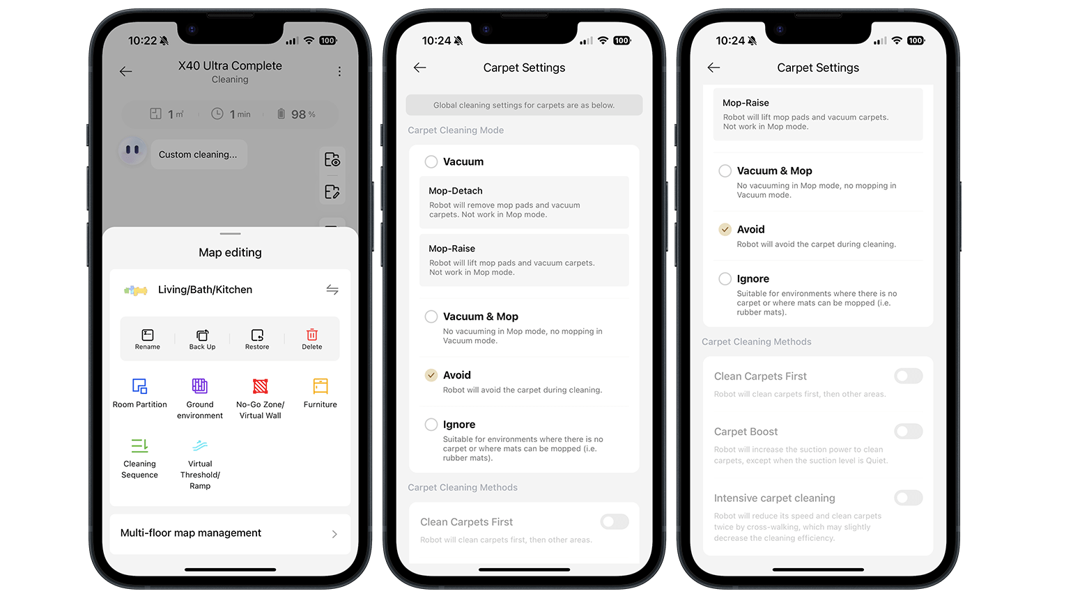 Dreame X40 App-Screenshot Teppich