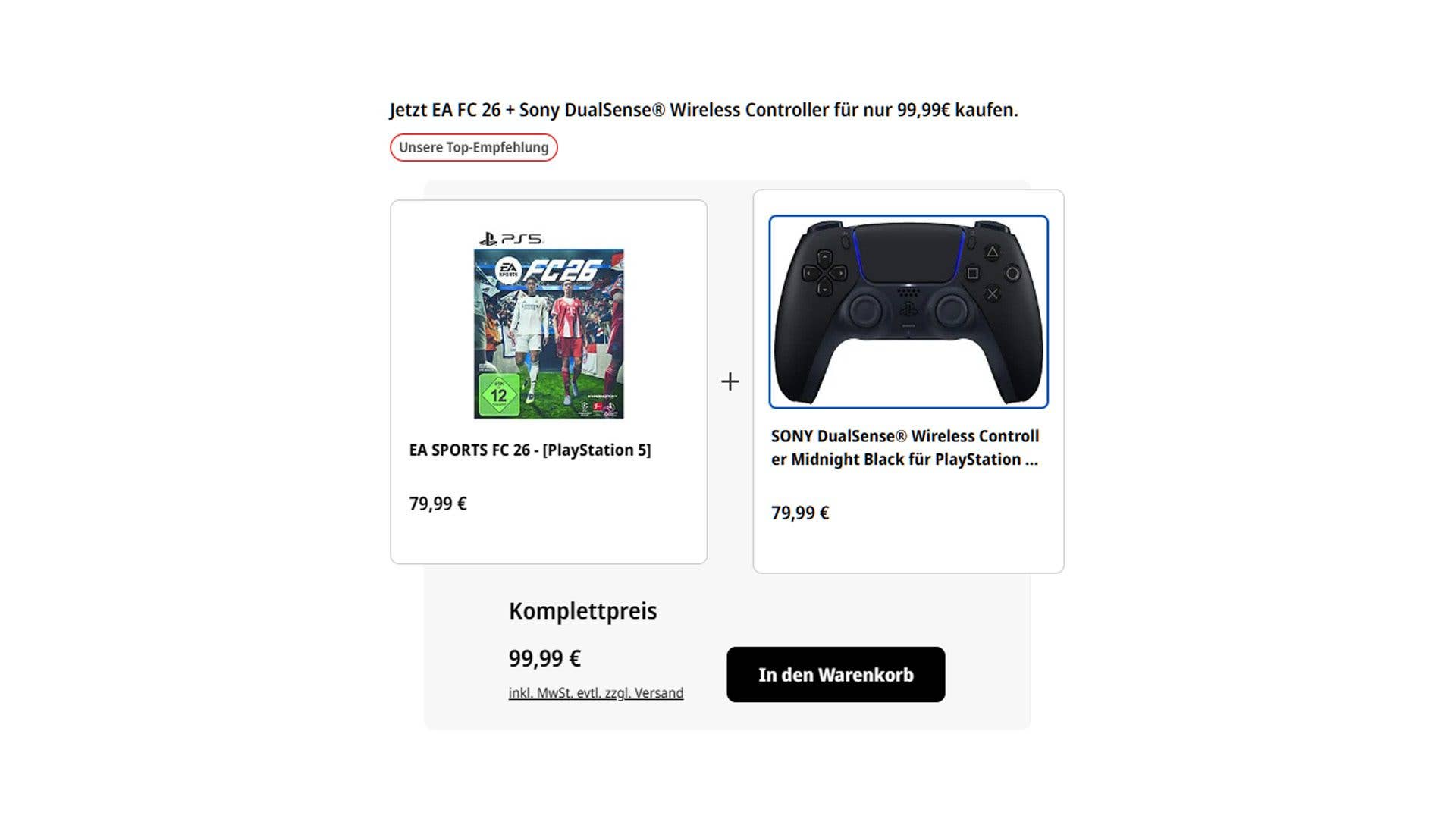EA SPORTS FC 26 für PlayStation 5 und Sony DualSense Wireless Controller für 99,99 €.